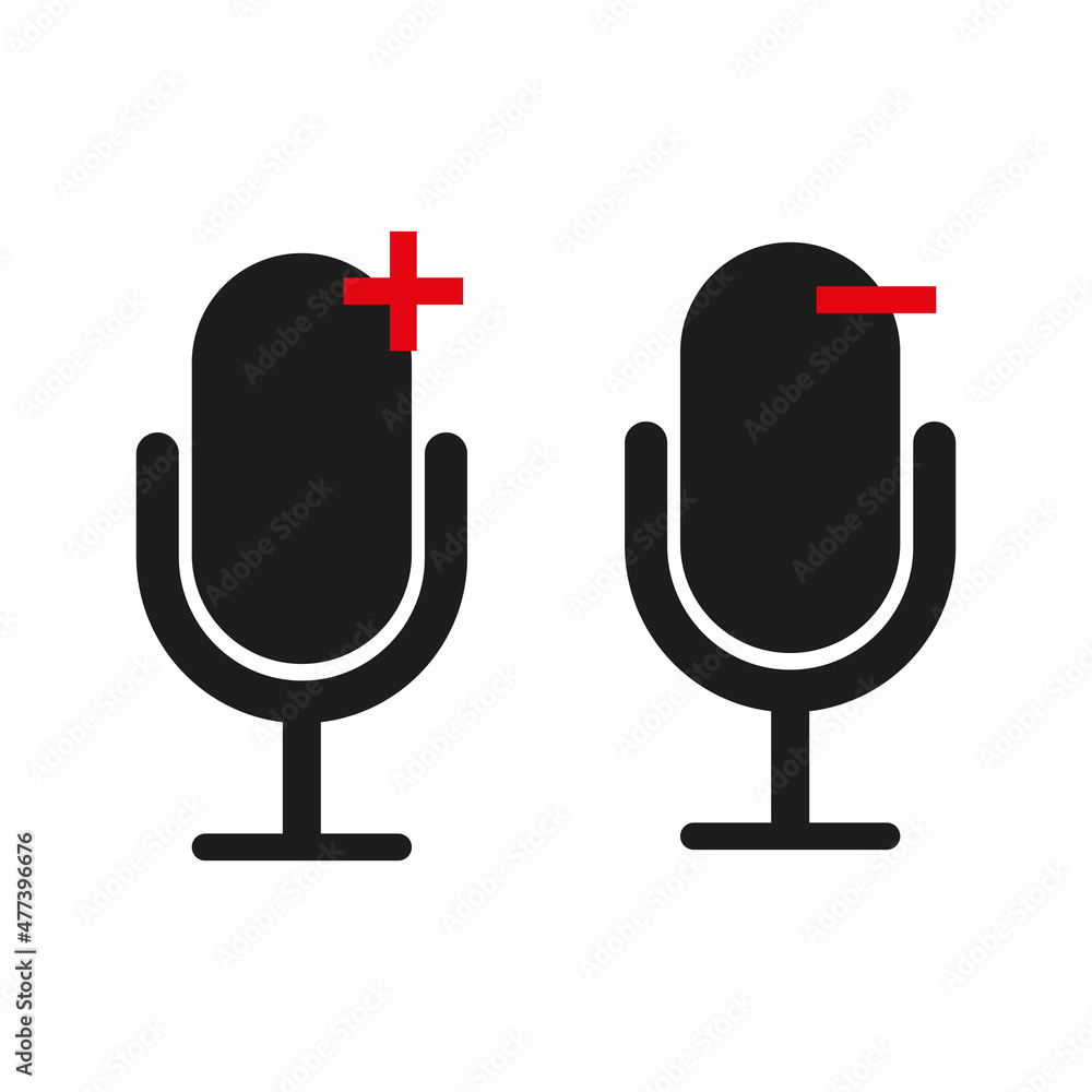 Microphone icon set. Plus and minus sign. Record element. Sound symbol. Audio equipment. Vector illustration. Stock image. Microphone icon set. Plus and minus sign. Record element. Sound symbol. Audio equipment. Vector illustration. Stock image.