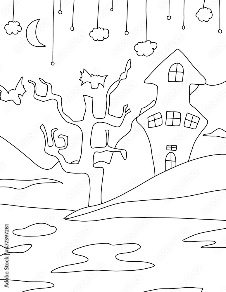 Castle at night shining in the sky, coloring pages for kids and adults