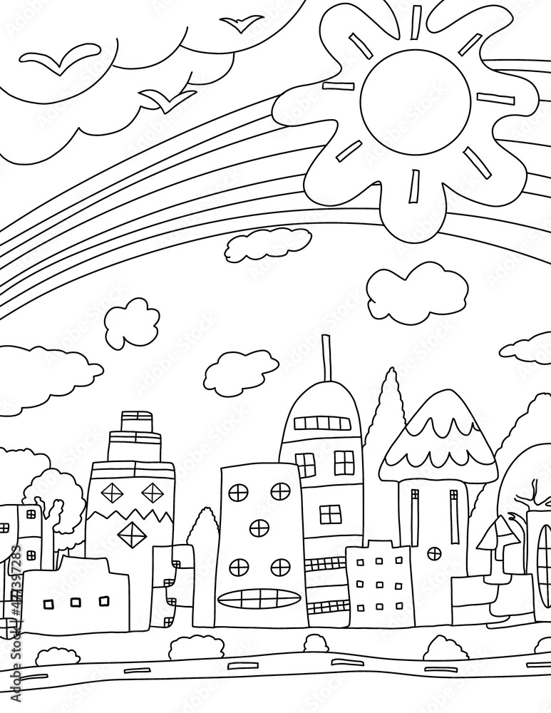 Buildings in the town of the city, clear sky, sunny, summert ime, coloring pages for kids and adults.