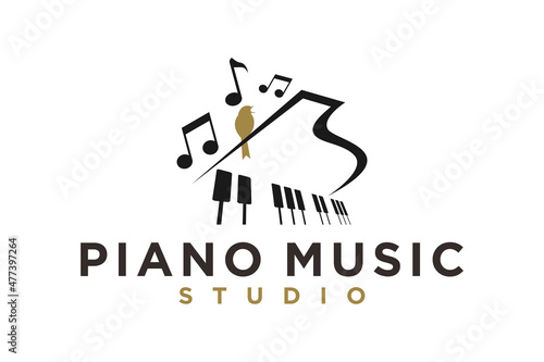 Singing Bird Piano Music Key Notes Silhouette logo design inspiration