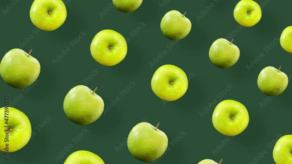 Green fruit pattern of fresh apples on green background with shadows. Seamless pattern with apple. Realistic animation. 4K video motion Green fruit pattern of fresh apples on green background with shadows. Seamless pattern with apple. Realistic animation. 4K video motion
