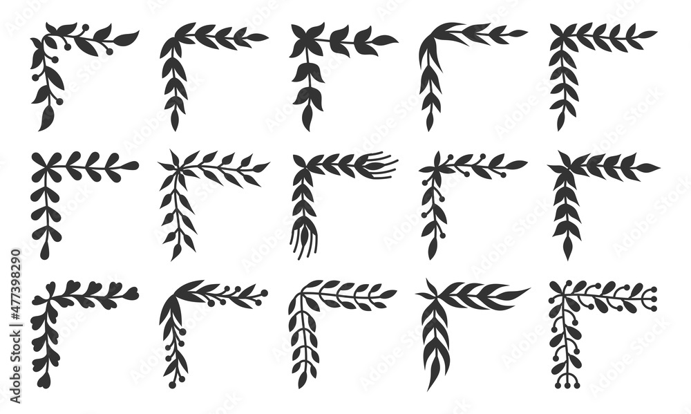 Corner border black silhouette set. Geometric frame for vintage floral monogram signboard. Text decorative sign. Natural heraldic pattern stroke decoration postcard botanical symbol isolated on white Corner border black silhouette set. Geometric frame for vintage floral monogram signboard. Text decorative sign. Natural heraldic pattern stroke decoration postcard botanical symbol isolated on white