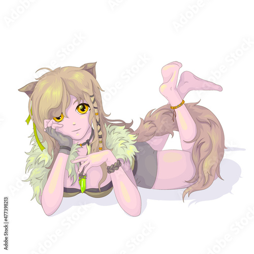 Vector illustration. The image of a reclining wildcat girl from the anime with long blonde hair, highlighted on a white background. EPS 10 © Юяшка