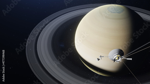 Planet Saturn with Voyager Spacecraft 3D Rendering photo