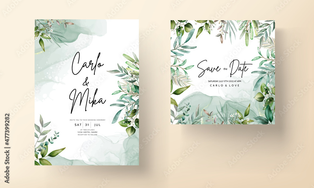 Obraz premium elegant wedding invitation card with hand drawing watercolor leaves