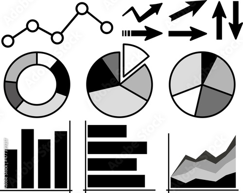 モノクロ　折れ線グラフ　棒グラフ　円グラフ　矢印　セット
