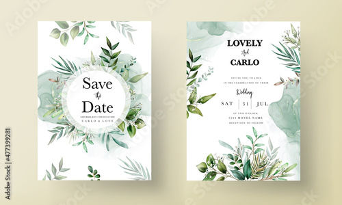 elegant wedding invitation card with hand drawing watercolor leaves