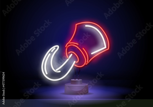 Neon pirate hook neon icon on stand, design template, modern trend design, night neon signboard. Glowing neon line Pirate hook icon isolated on blue background. Happy Halloween party. Vector © executioner4