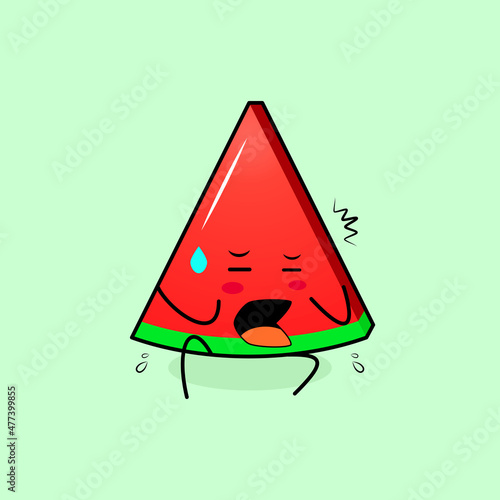 cute watermelon slice character with afraid expression and sit down. green and red. suitable for emoticon, logo, mascot or sticker