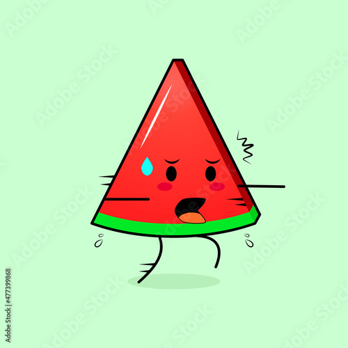 cute watermelon slice character with afraid expression and run. green and red. suitable for emoticon, logo, mascot or sticker