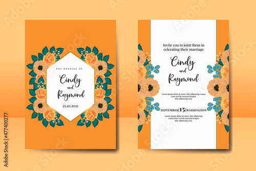 Wedding invitation frame set, floral watercolor Digital hand drawn Orange Rose a Fotobehang