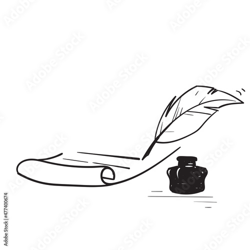 hand drawn doodle quill and inkwell illustration icon isolated