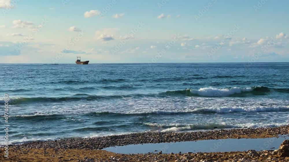 Demetrios II Shipwreck during daytime in Paphos, Cyprus. Captured in the Mediterranean Sea. 4K. Demetrios II Shipwreck during daytime in Paphos, Cyprus. Captured in the Mediterranean Sea. 4K.