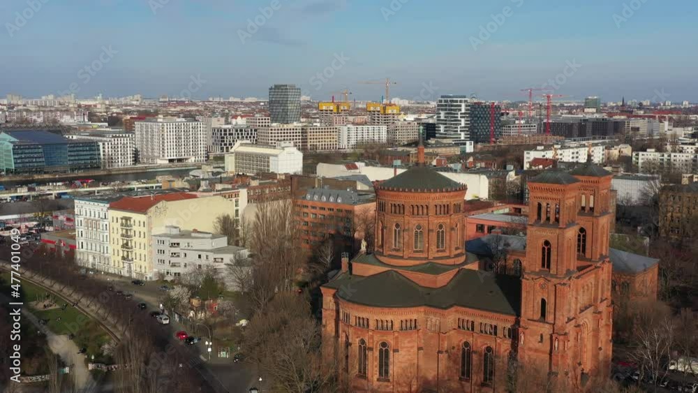 Aerial of St Thomas Church in Kreuzberg with the city skyline of Berlin Aerial of St Thomas Church in Kreuzberg with the city skyline of Berlin