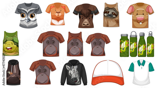Set of different clothes with animal face pattern