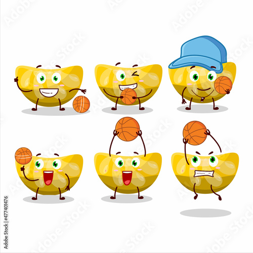 Talented orange gummy candy cartoon character as a basketball athlete