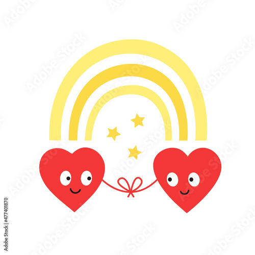 Two happy hearts for Valentines Day design. Romantic couple. Love and friendship. Red thread of love. Find your soulmate. Together forever. Be my Valentine, be mine. Isolated vector illustration