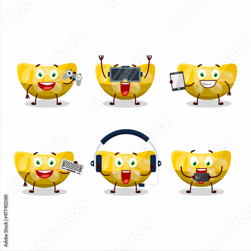 Orange gummy candy cartoon character are playing games with various cute emoticons