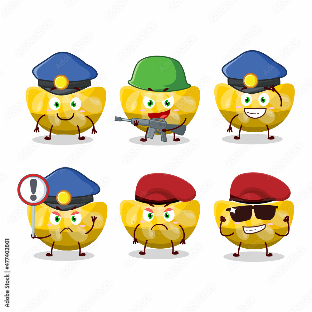 A dedicated Police officer of orange gummy candy mascot design style