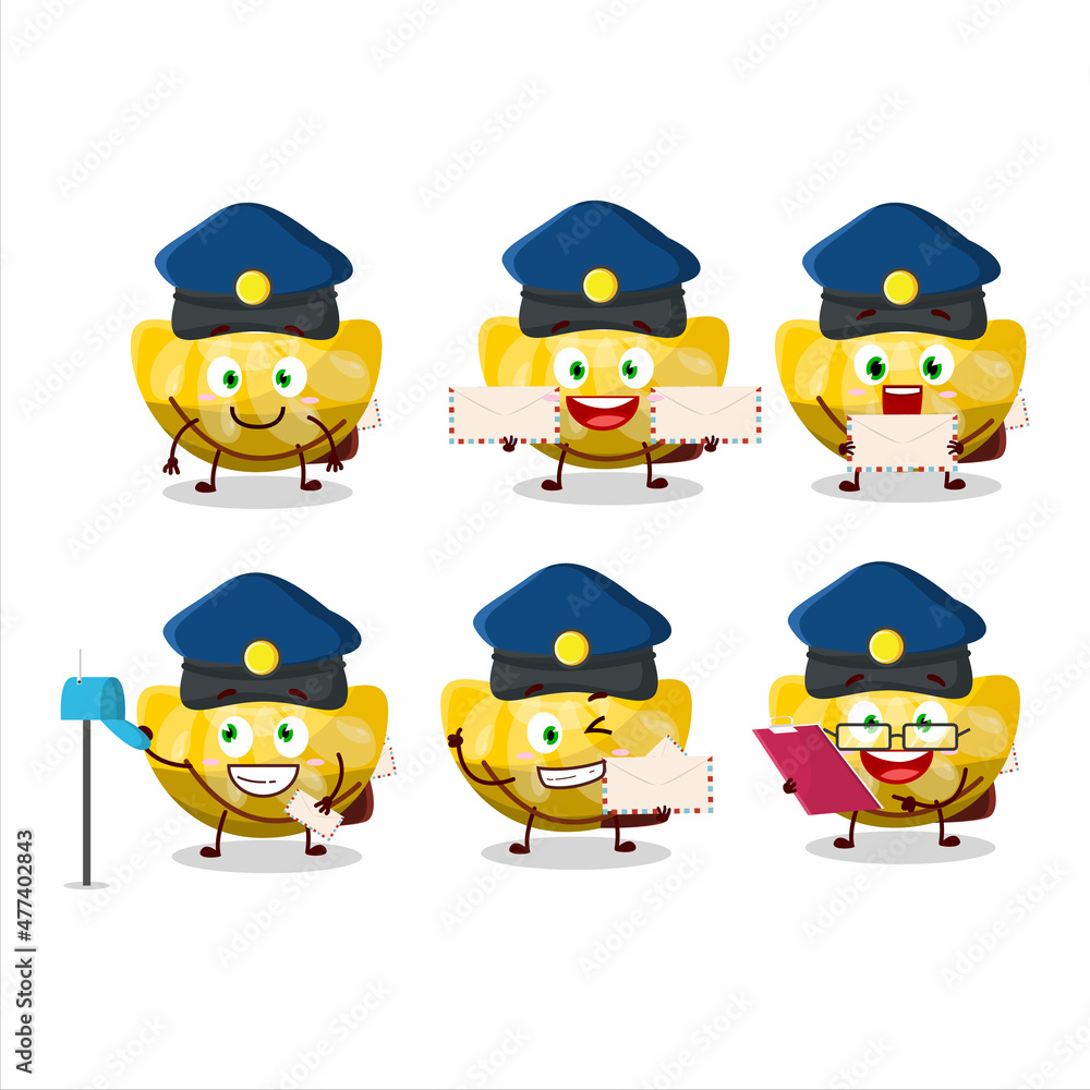 A picture of cheerful orange gummy candy postman cartoon design concept