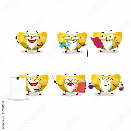Professor orange gummy candy academic cartoon character working on laboratory