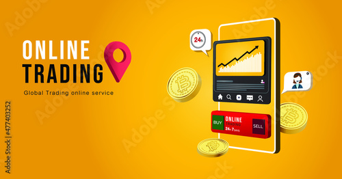 Digital Currency, cryptocurrency mobile trading. Banner vector.