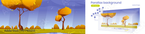 Parallax background autumn rain cartoon landscape. Storm under dull grey sky with yellow trees and puddles on field with grass and bushes 2d separated layers for game animation, Vector illustration