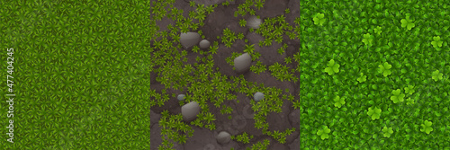 Game textures of green lawn, grass and stones, meadow with clover plants seamless patterns top view. Textured natural backgrounds of summer field, realistic surface, graphic ui or gui 3d vector layers