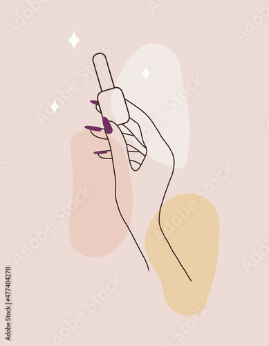 Manicure logo template for nail art studio. Modern design for beauty and spa center. Linear illustration isolated on pink watercolor background.