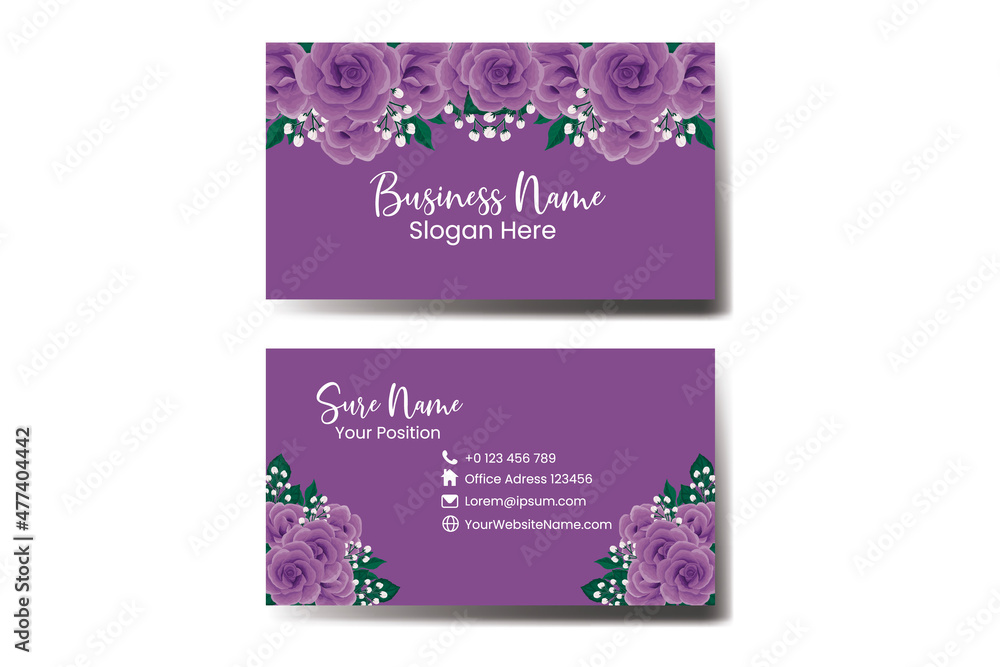 Business Card Template Purple Rose Flower .Double-sided Purple Colors. Flat Design Vector Illustration. Stationery Design