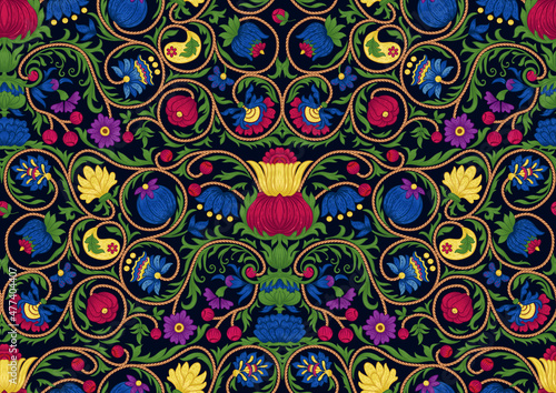 Fantasy flowers in retro, vintage, embroidery style. Seamless pattern, background. Colored vector illustration. photo