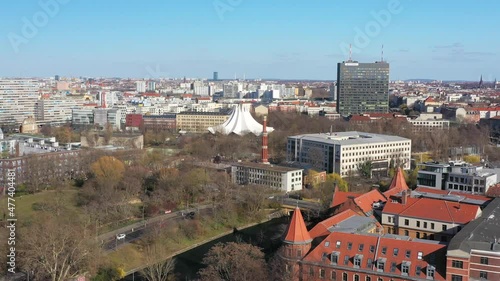 Aerial view of Berlin Mitte by Potsdamer platz with modern buildings and Tempodrom dome photo