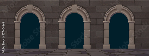 Arches in wall from stone bricks in ancient classic architecture. Vector cartoon illustration of vintage facade of castle, palace or temple with granite blocks and arcade
