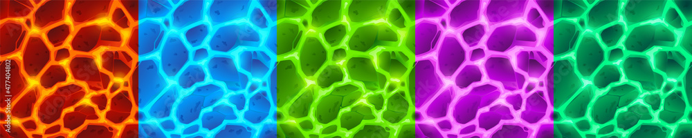 Textures of colored liquid lava with stones for game background. Vector cartoon seamless patterns of top view of hot molten magma surface, magic flows different colors in rock cracks