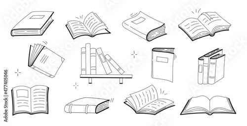 Sketches of books, open and closed textbooks, dictionary or novels with blank covers. Vector doodle set of literature icons for library, school or store isolated on white background