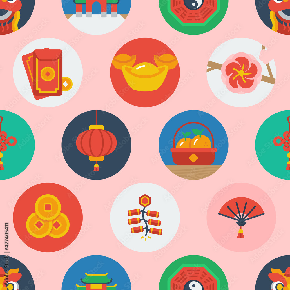 Seamless pattern of Chinese new year themed flat colored circular icons. Seamless pattern of Chinese new year themed flat colored circular icons.