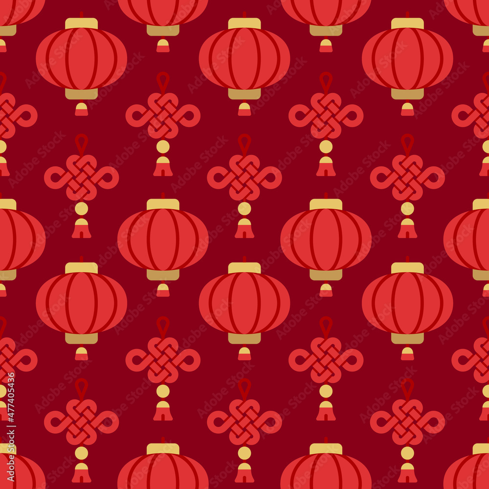 Seamless background of red Chinese lantern and knot ornament on dark red background. Seamless background of red Chinese lantern and knot ornament on dark red background.
