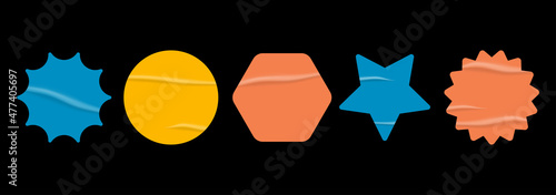 Blank stickers set. Empty colorful patches mockups with wrinkles. Vector design elements.