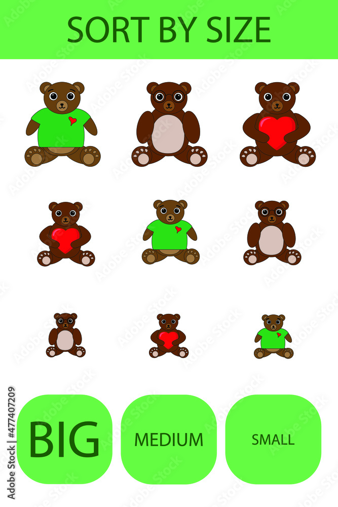 Fototapeta premium Match the toys bears by size large, medium and small. Children's educational game.