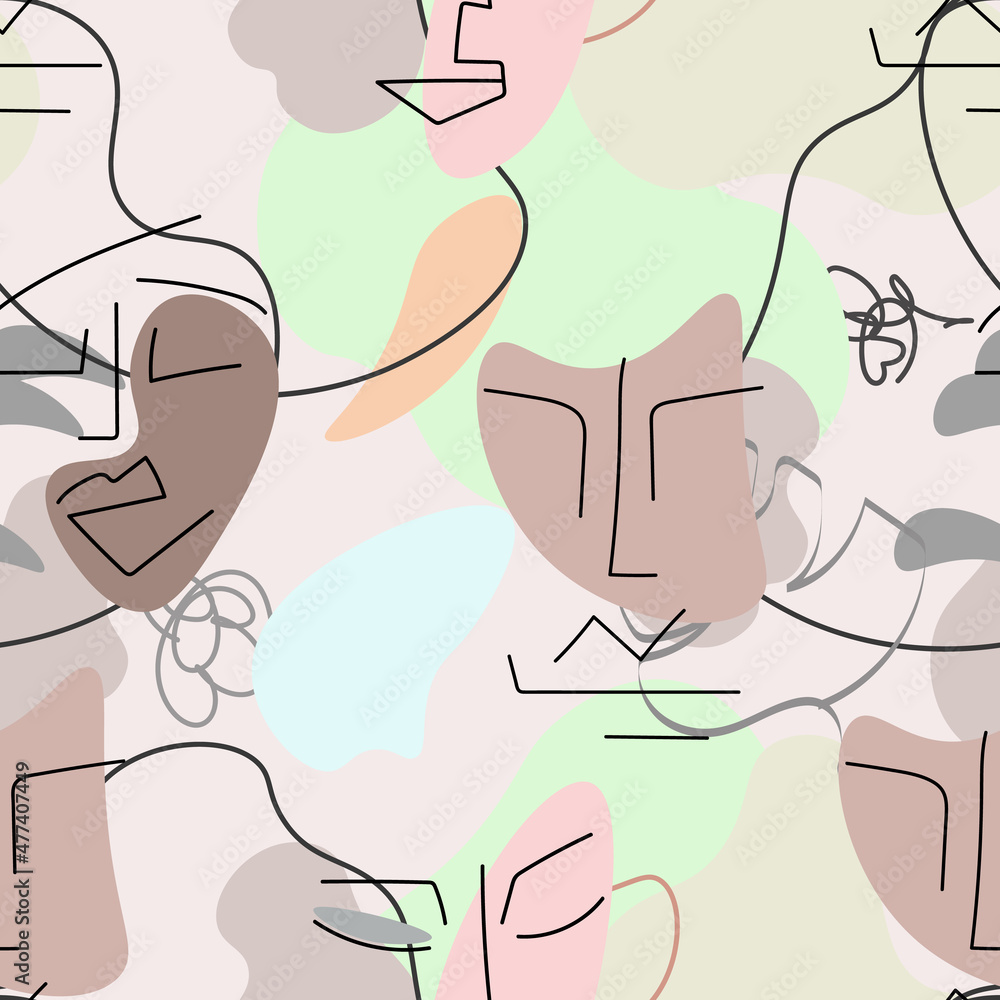 One line drawing. Abstract face seamless pattern. One line drawing. Abstract face seamless pattern.