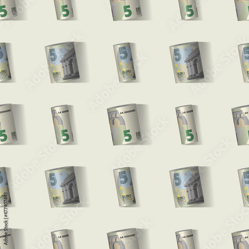 Financial seamless pattern. EU paper money rolled into rolls. 3D banknotes of 5 euro denomination with shadows, arranged symmetrically on a light background