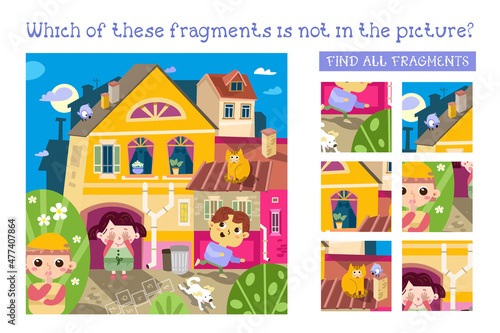 Cute kids play hide and seek. Find all fragments. Game for children. Cartoon character vector illustration.