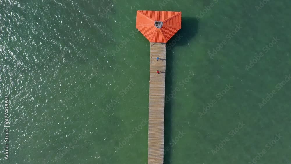 Top down aerial view of wooden pier at Playa Juan de Bolanos, Monte Cristi Top down aerial view of wooden pier at Playa Juan de Bolanos, Monte Cristi