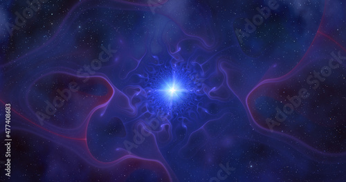 Allegory of birth of a new star. Christmas star. Abstract fractal space with shining stars and atmosphere. Digital art. Raster fractal graphics. 3d rendering.