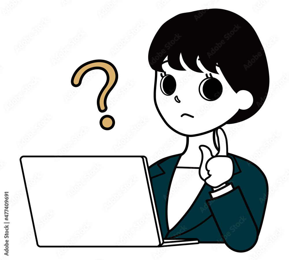 パソコンを見て考え事をするスーツを着た女性会社員
