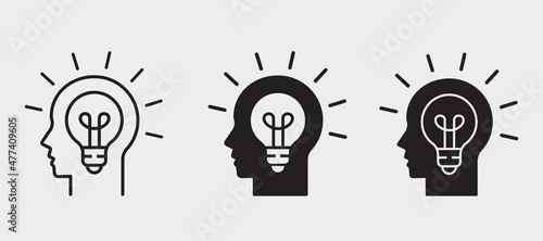 Head with bulb vector icon. Black illustration isolated on white background for graphic and web design.