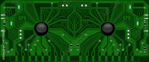 The computing module circuit Board. Green graphics video card. Printed computer motherboard with microcircuit. Electronic  background. Vector