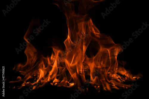 Fire flames on black background. Fire burn flame isolated, abstract texture. Flaming effect with burning fire.