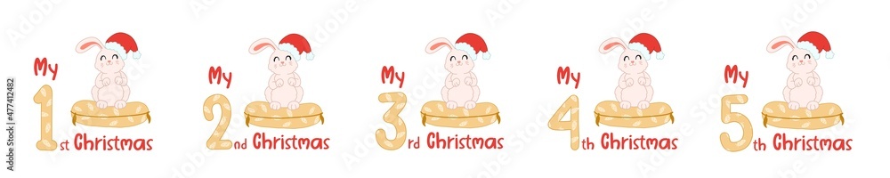Baby Christmas set with cartoon animals and numbers. Cute rabbit in scandinavian style for greeting holidays, sublimation and print. Baby animals in santa hat. Baby Christmas set with cartoon animals and numbers. Cute rabbit in scandinavian style for greeting holidays, sublimation and print. Baby animals in santa hat.