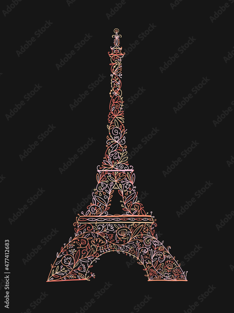 Stylized Eiffel Tower landmark in Paris, . Floral Ornament. Sketch for your design